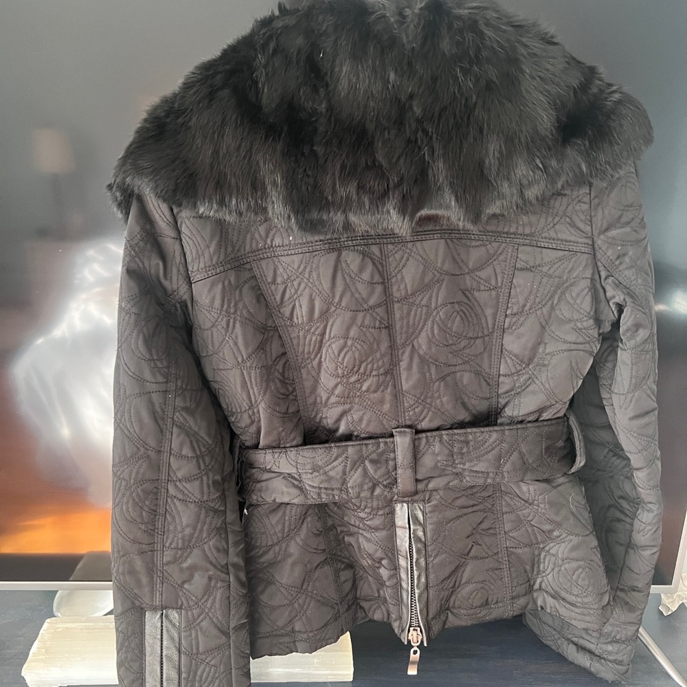 bebe Black Y2K Quilted Puffer Jacket with Fur. 
Belt buckle is scuffed up abit